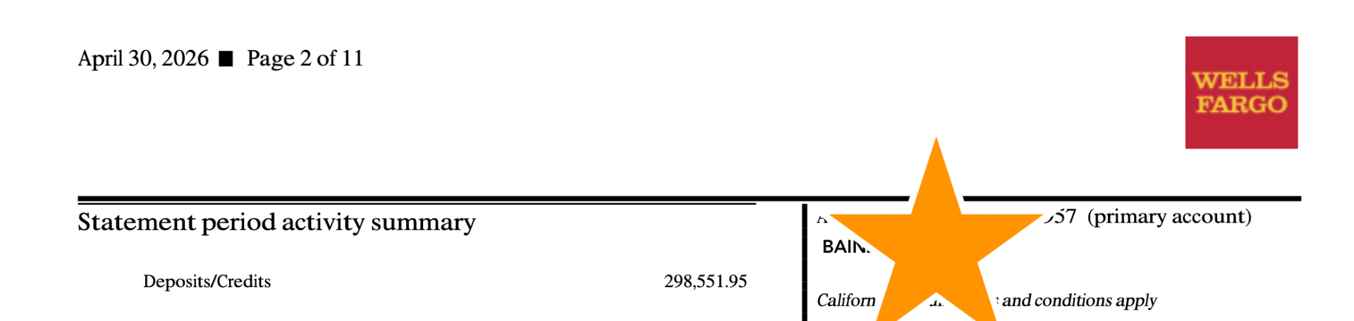 April 2026 Wells Fargo statement showing deposits