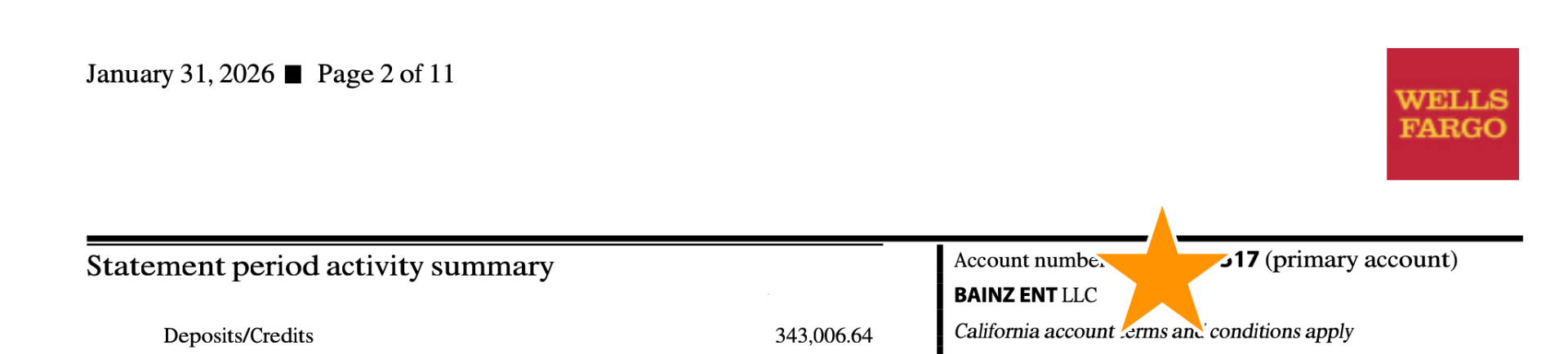 January 2026 Wells Fargo statement showing deposits