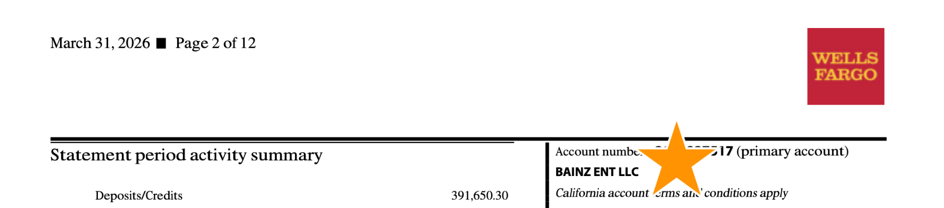 March 2026 Wells Fargo statement showing deposits